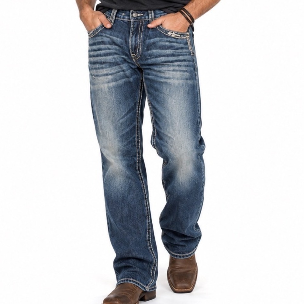 Buckle Black No 48 Jeans Mens 36R Y2K Western Embroidered Heavy Stitch Blue STR8